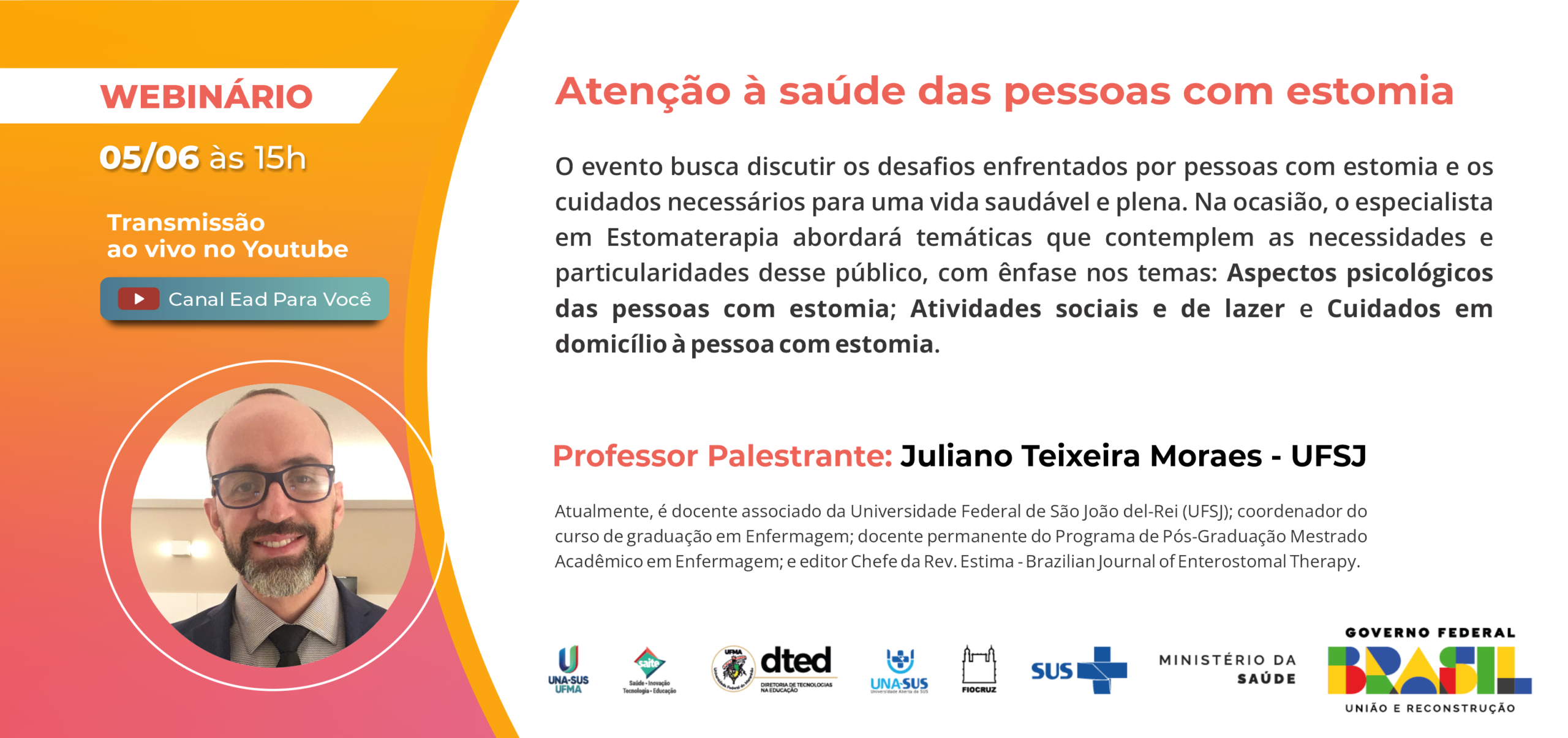 Próximo webinário da DTED e UNA-SUS/UFMA ocorrerá no dia 5 de junho e discutirá a saúde da pessoa com estomia