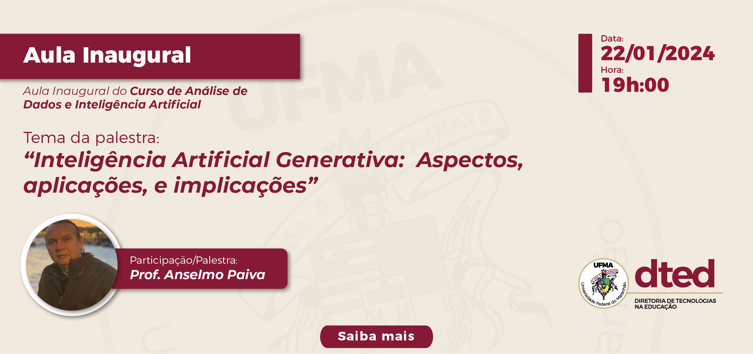 DTED realizará Aula Inaugural do Curso de Especialização em Análise de Dados e Inteligência Artificial na segunda, 22