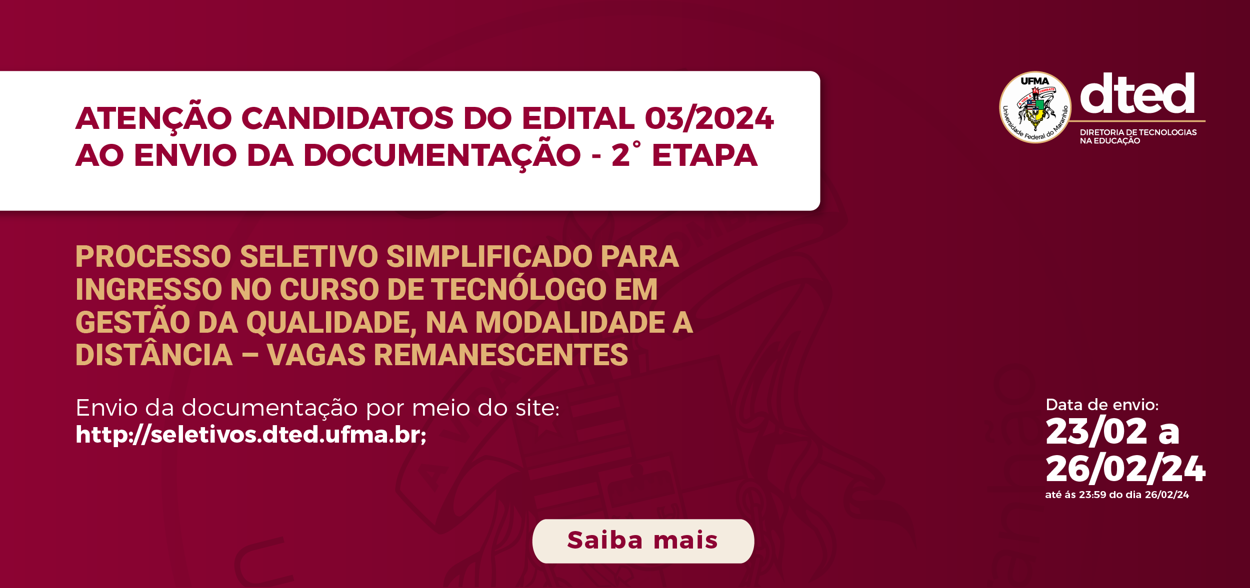 DTED convoca candidatos para 2ª Etapa do Processo Seletivo de ingresso no curso Tecnólogo em Gestão da Qualidade EAD
