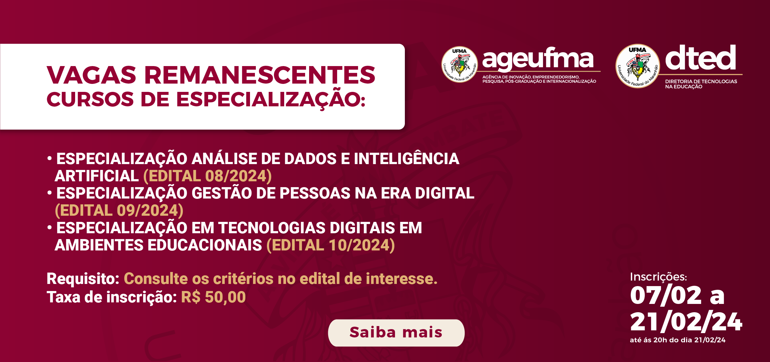 DTED oferta vagas remanescentes para Cursos de Especialização na modalidade a distância da UFMA